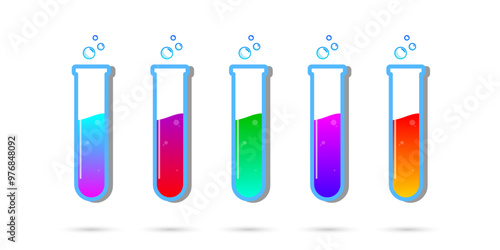 Set of glass bottles. Different color potion flat style on white background. Vector illustration. Design elements for game collection.