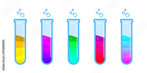 Set of glass bottles. Different color potion flat style on white background. Vector illustration. Design elements for game collection.