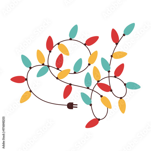 A colorful string of Christmas lights with a plug on the bottom. The lights are in a variety of colors and are arranged in a wavy pattern