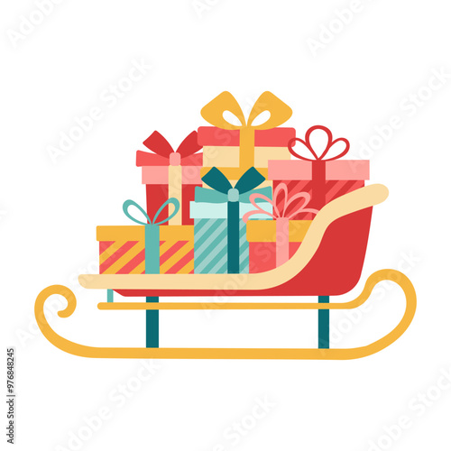A red sleigh filled with presents is shown on a white background. Concept of joy and excitement, as the presents are piled high and ready for the holiday season. The bright colors of the sleigh