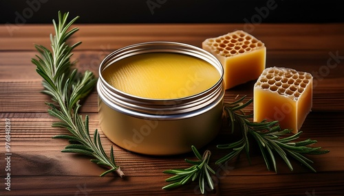 A tin of beeswax balm placed on a wooden surface, surrounded by fresh rosemary sprigs and honeycomb pieces, warm lighting.