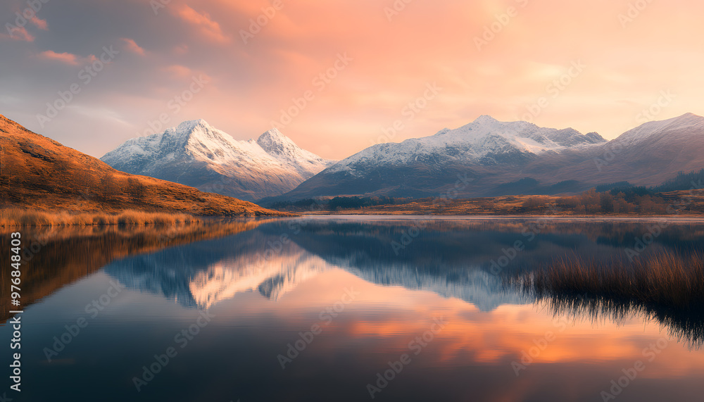 Fototapeta premium Nature Bliss: A serene mountain landscape with a lake reflecting the snowy peaks at sunrise