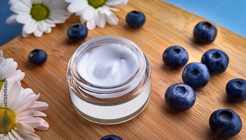 A jar of blueberry-infused face cream surrounded by fresh blueberries and chamomile flowers, highlighting natural skincare and antioxidants. A jar of blueberry-infused face cream surrounded by fresh blueberries and chamomile flowers, highlighting natural skincare and antioxidants.
