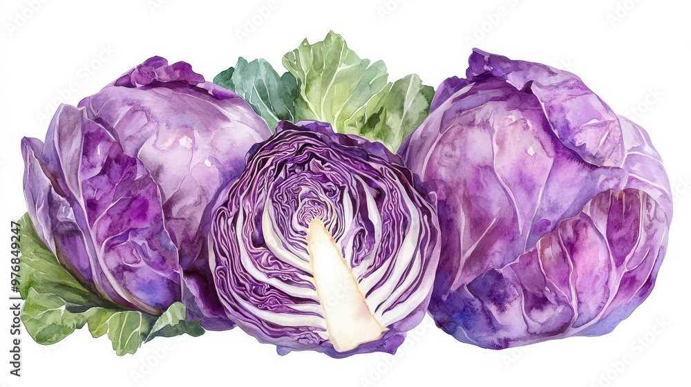 Obraz premium Fresh purple cabbages showcasing vibrant colors and textures, perfect for healthy eating and culinary inspiration.