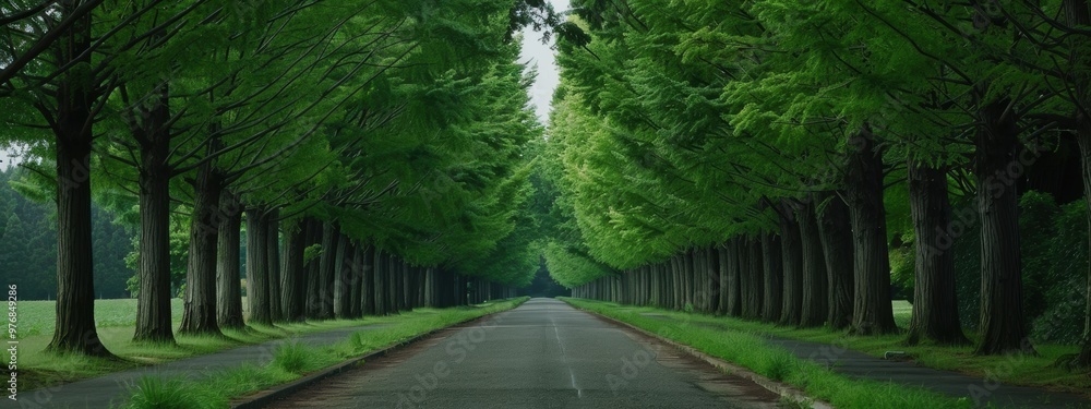 A road lined with large trees on both sides. A road lined with large trees on both sides.