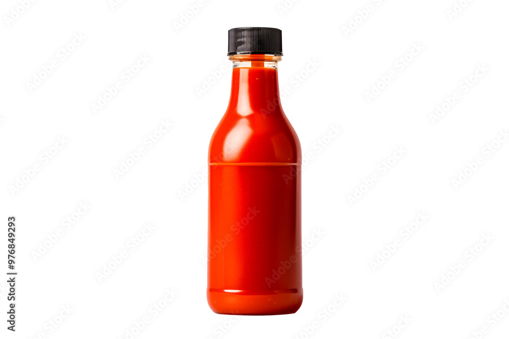 Closeup of dipping Sriracha sauce in glass bottle isolated on white transparent background. Concept of food, dip, condiment, and cuisine Closeup of dipping Sriracha sauce in glass bottle isolated on white transparent background. Concept of food, dip, condiment, and cuisine