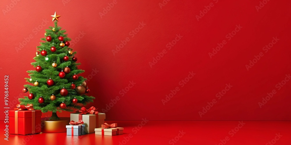 Beautifully decorated Christmas tree with red and gold ornaments, placed on a vibrant red background with neatly wrapped gifts. Ample space for text, making it ideal for holiday promotions and banners