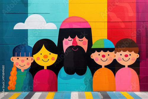 Playful pop-art mural of Jesus with children, using bold colors and simple shapes, symbolizing community, faith, and teachings in a fun style. photo