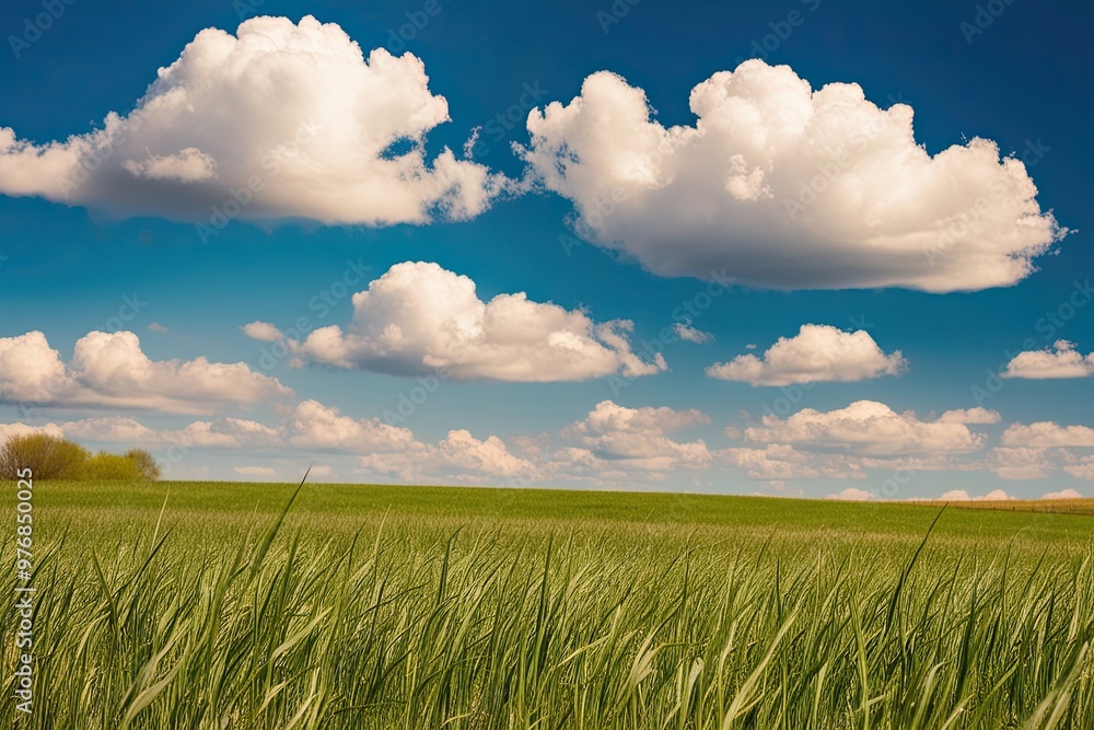 Obraz premium Serene Pastures of Tall Grass Under a Brilliant Spring Sky with Fluffy Cotton Clouds