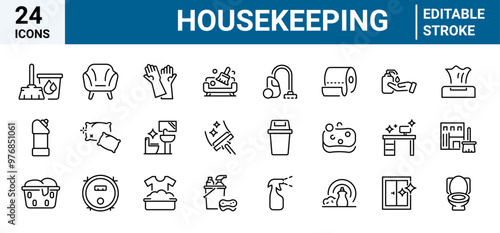 Housekeeping line web icons. Dusting, cleaning, vacuuming, washing, changing, organizing. Vector illustration. Editable stroke.