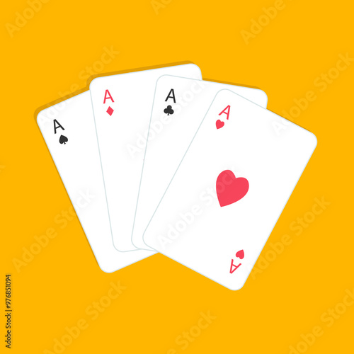 Four aces playing card icon set. Card fan stack. Poker cards suits. Hearts, clubs, diamonds, spades ace. Winning poker hand. Las Vegas Casino gambling concept. Flat design. Yellow background. Vector