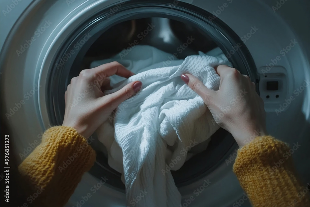 Close-up of female hands putting clothes into washing machine. Laundry concept Close-up of female hands putting clothes into washing machine. Laundry concept