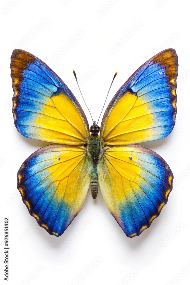 Yellow and Blue Butterfly on a Crisp White Background in Stunning Detail Yellow and Blue Butterfly on a Crisp White Background in Stunning Detail