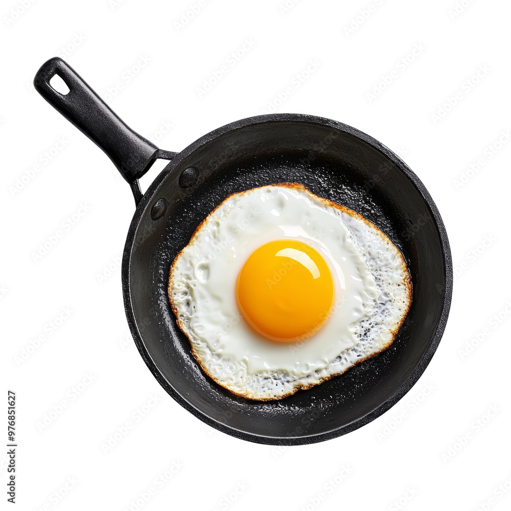 Fried egg in a black frying pan on a dark background Fried egg in a black frying pan on a dark background