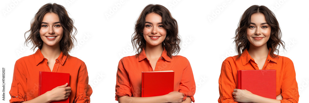 set of A beautiful woman with a red book, a happy smiling face looking at the camera, on a transparent background set of A beautiful woman with a red book, a happy smiling face looking at the camera, on a transparent background