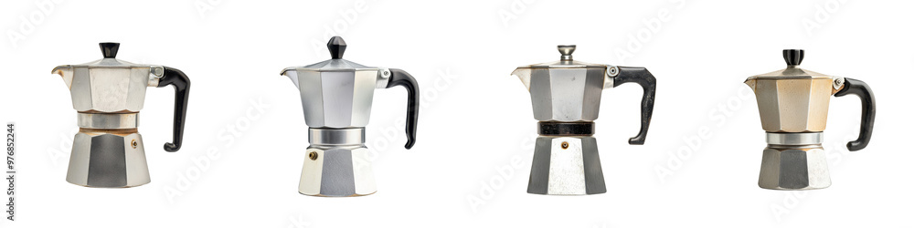 Collection of stylish stovetop coffee makers in various designs and finishes for perfect brewing experiences. transparent background Collection of stylish stovetop coffee makers in various designs and finishes for perfect brewing experiences. transparent background