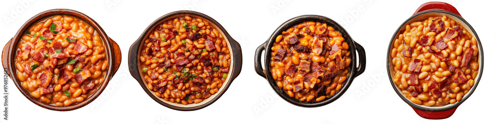 Delicious baked beans displayed in four vibrant dishes, showcasing a rich texture and appetizing color, perfect for any meal. transparent background Delicious baked beans displayed in four vibrant dishes, showcasing a rich texture and appetizing color, perfect for any meal. transparent background