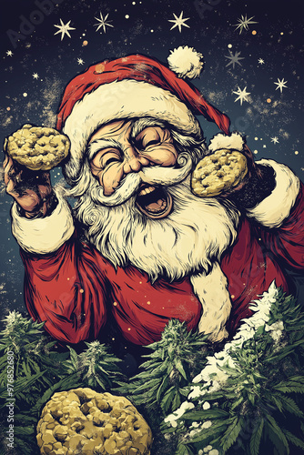 funny x-mas comic design background wallpaper for christmas with santa claus holding cookies up 