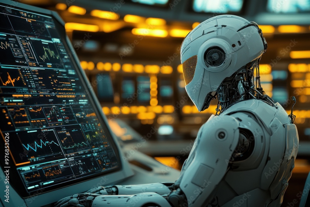 Fototapeta premium Advanced Robotic Operator Analyzing Data on a Futuristic Computer