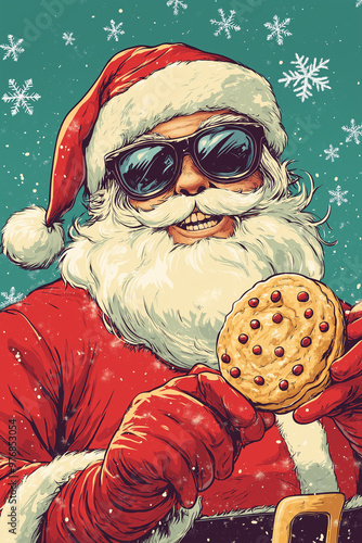 funny x-mas comic design background wallpaper for christmas with santa claus holding cookies up 