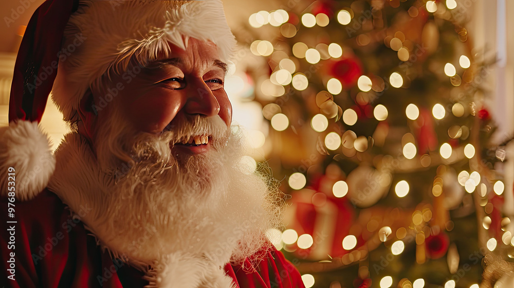 Santa Claus Sharing Laughter with Children at a Holiday Event Filled with Lights and Garlands Santa Claus Sharing Laughter with Children at a Holiday Event Filled with Lights and Garlands