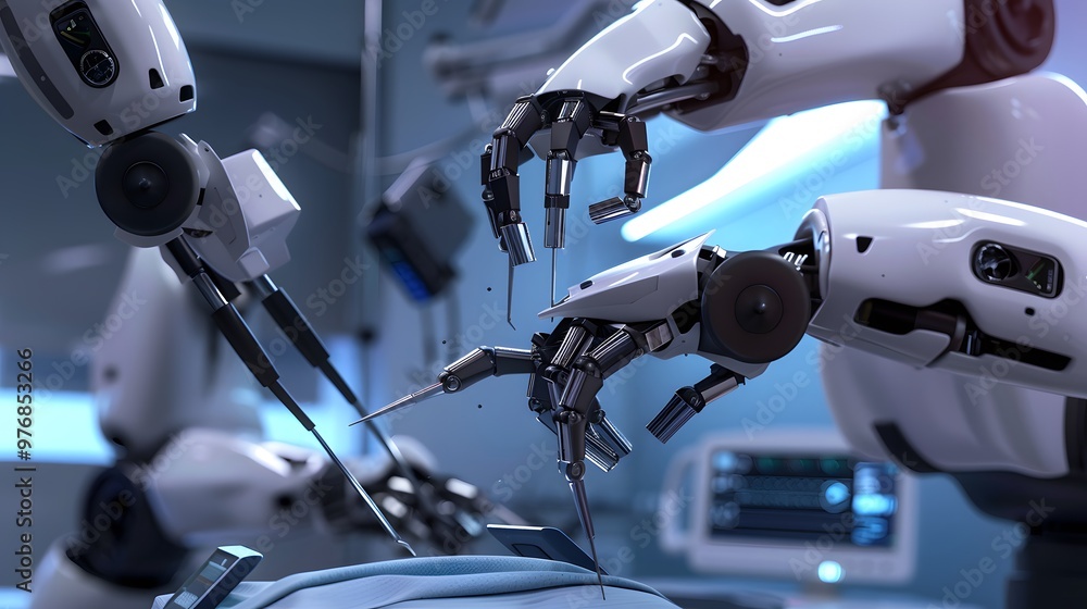 Fototapeta premium Robot Performing Surgery: A highly precise surgical robot in an operating room, arms delicately handling surgical instruments. 