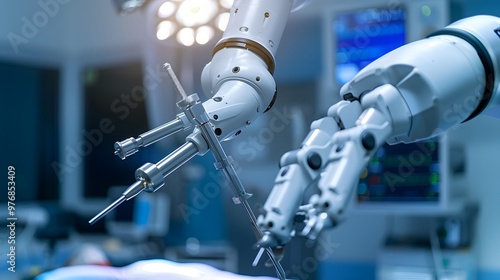 Robot Performing Surgery: A highly precise surgical robot in an operating room, arms delicately handling surgical instruments. 