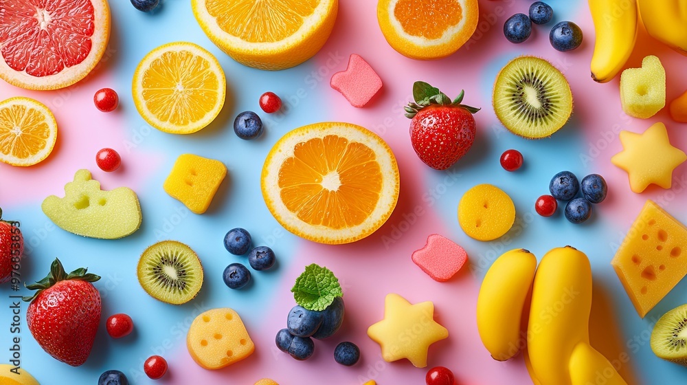 Colorful Fruit and Candy Arrangement on a Pink and Blue Background Colorful Fruit and Candy Arrangement on a Pink and Blue Background