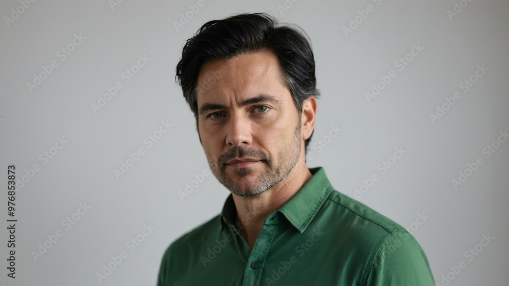 Obraz premium adult black hair white man in green shirt model portrait standing straight on a plain white background for ad concept space for text