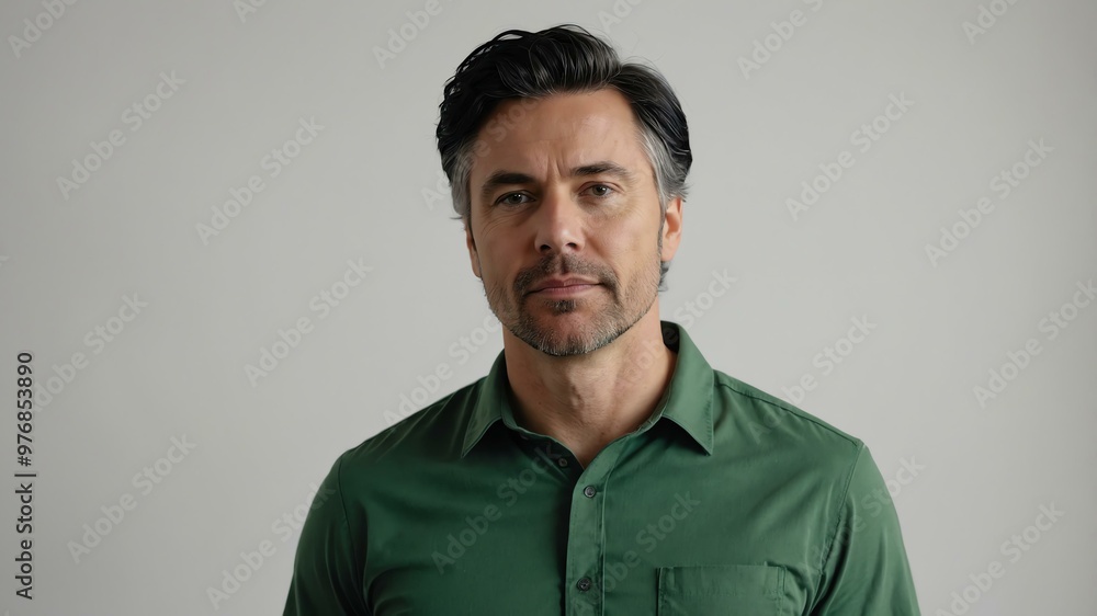 Obraz premium adult black hair white man in green shirt model portrait standing straight on a plain white background for ad concept space for text
