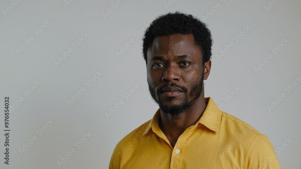 Obraz premium adult black hair subsaharan african man in yellow shirt model portrait standing straight on a plain white background for ad concept space for text