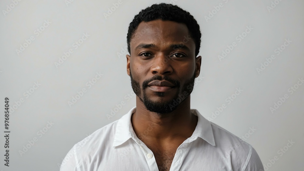 Obraz premium adult black hair subsaharan african man in white shirt model portrait standing straight on a plain white background for ad concept space for text