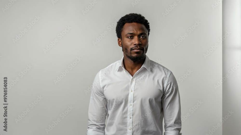 Obraz premium adult black hair subsaharan african man in white shirt model portrait standing straight on a plain white background for ad concept space for text