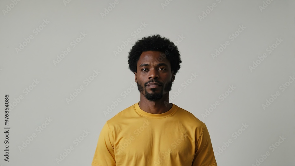 Obraz premium adult black hair subsaharan african man in yellow shirt model portrait standing straight on a plain white background for ad concept space for text
