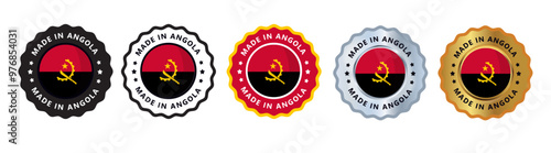 Made in angola set of sign stamp badge, with varian color red yellow, silver, gold, black suitable for products manufactured, military, agriculture or food vector illustration eps editable text