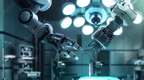 Robot Performing Surgery: A highly precise surgical robot in an operating room, arms delicately handling surgical instruments. 
