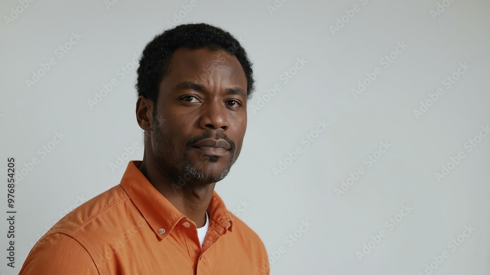 Obraz premium adult black hair subsaharan african man in orange shirt model portrait standing straight on a plain white background for ad concept space for text