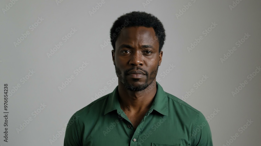 Obraz premium adult black hair subsaharan african man in green shirt model portrait standing straight on a plain white background for ad concept space for text