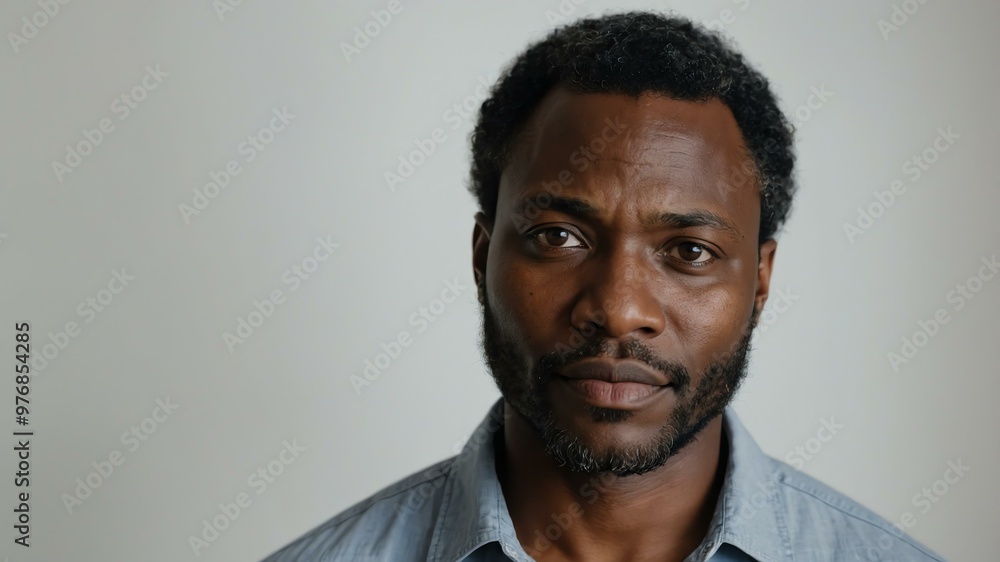 Obraz premium adult black hair subsaharan african man in gray shirt model portrait standing straight on a plain white background for ad concept space for text