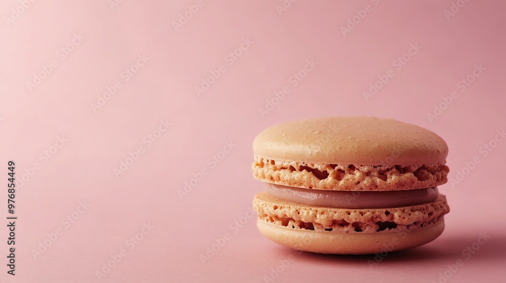 A single pink macaron with brown filling on a pink background. A single pink macaron with brown filling on a pink background.
