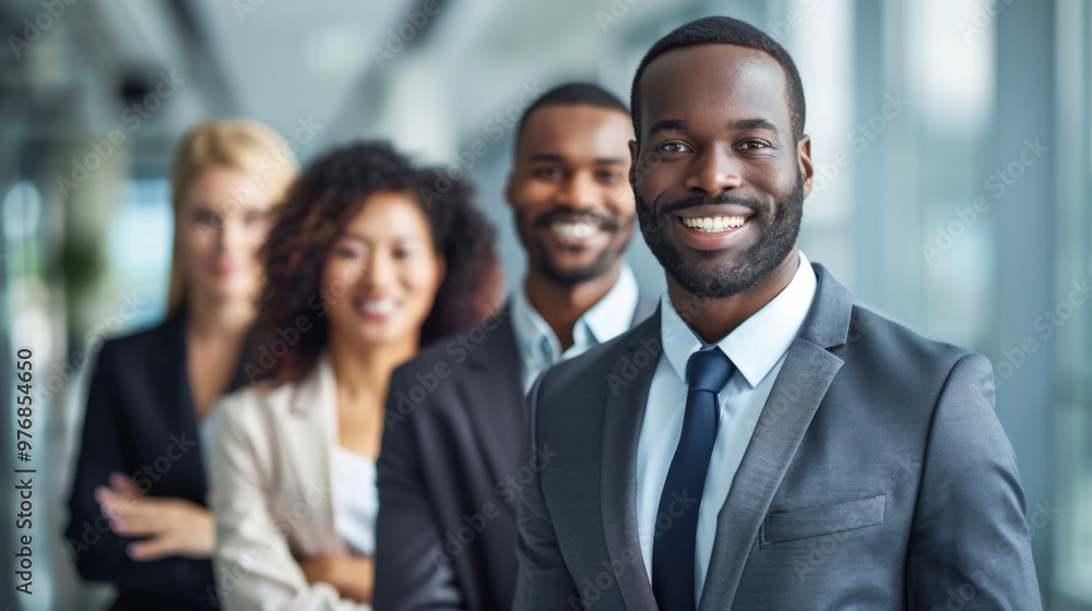 A group of cheerful professionals poses together in business attire, showcasing a mixture of ethnicities and smiles in a contemporary office setup. A group of cheerful professionals poses together in business attire, showcasing a mixture of ethnicities and smiles in a contemporary office setup.