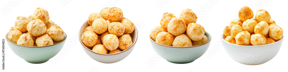 Four bowls filled with delicious cheese puffs, perfect for snacking, gatherings, or parties, showcasing crispy golden textures. transparent background Four bowls filled with delicious cheese puffs, perfect for snacking, gatherings, or parties, showcasing crispy golden textures. transparent background