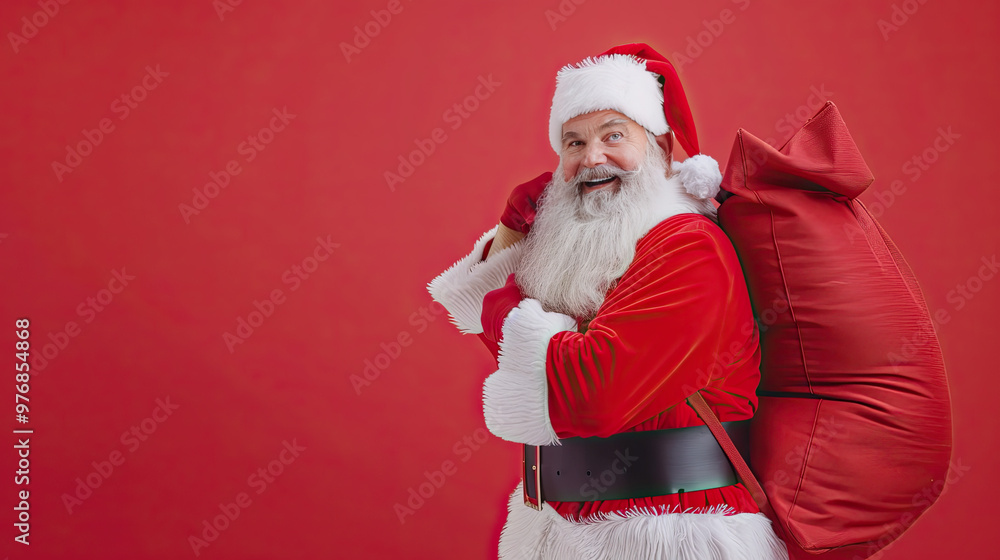 Joyful Santa Holding Sack of Gifts on Red Background, Matching His Festive Red Suit
