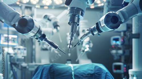 Robot Performing Surgery: A highly precise surgical robot in an operating room, arms delicately handling surgical instruments. 