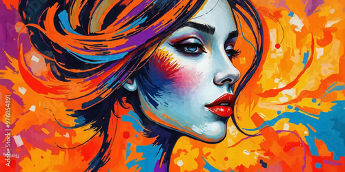 swirling colors representing the different beautiful female emotions. digital art brush texture oil painting vector illustration.  tech wallpaper 