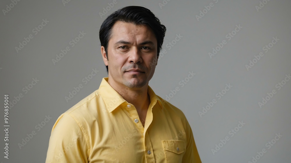 Obraz premium adult black hair finnougric man in yellow shirt model portrait standing straight on a plain white background for ad concept space for text