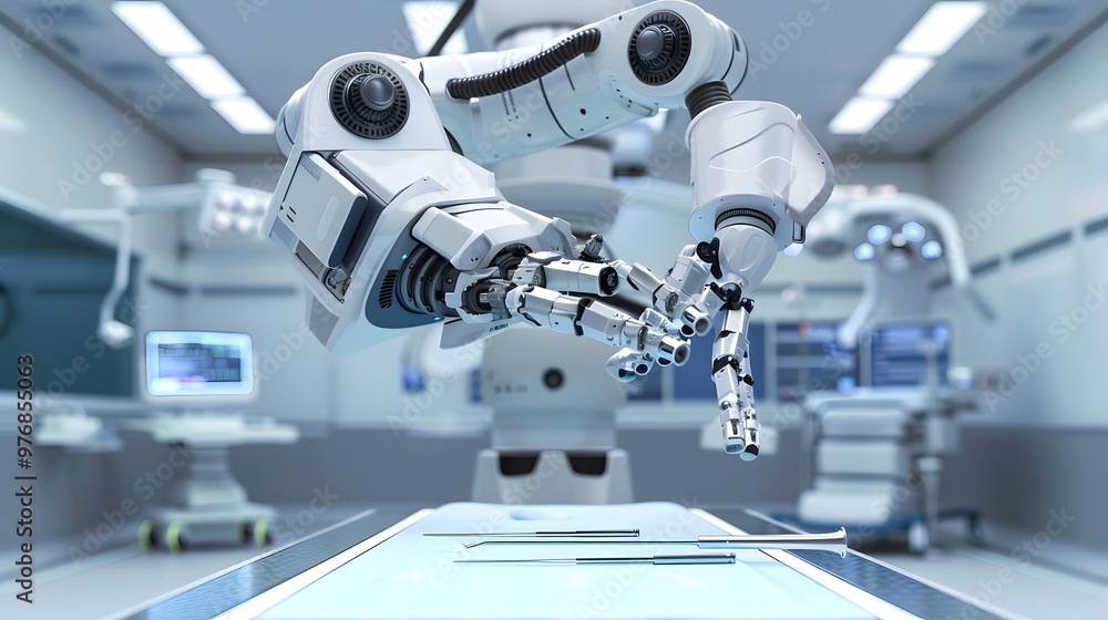 Robot Performing Surgery: A highly precise surgical robot in an operating room, arms delicately handling surgical instruments.
Robot Performing Surgery: A highly precise surgical robot in an operating room, arms delicately handling surgical instruments.