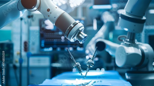 Wallpaper Mural Robot Performing Surgery: A highly precise surgical robot in an operating room, arms delicately handling surgical instruments. 
 Torontodigital.ca