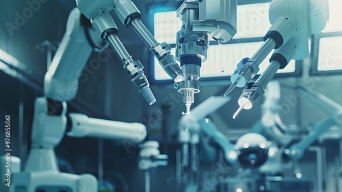 Robot Performing Surgery: A highly precise surgical robot in an operating room, arms delicately handling surgical instruments. 
