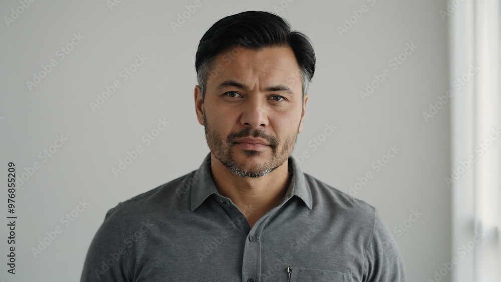 Obraz premium adult black hair finnougric man in gray shirt model portrait standing straight on a plain white background for ad concept space for text